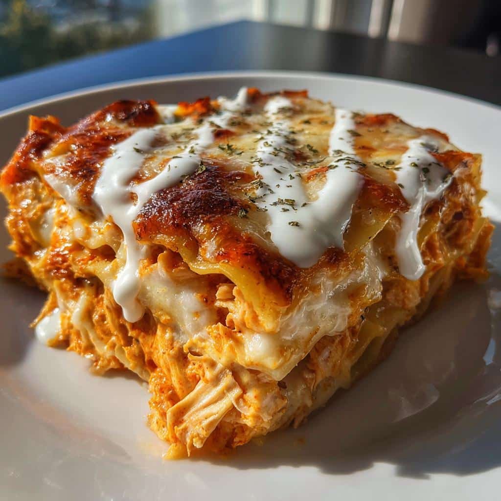 Air fryer Cheesy Buffalo Chicken Lasagna with Ranch Drizzle