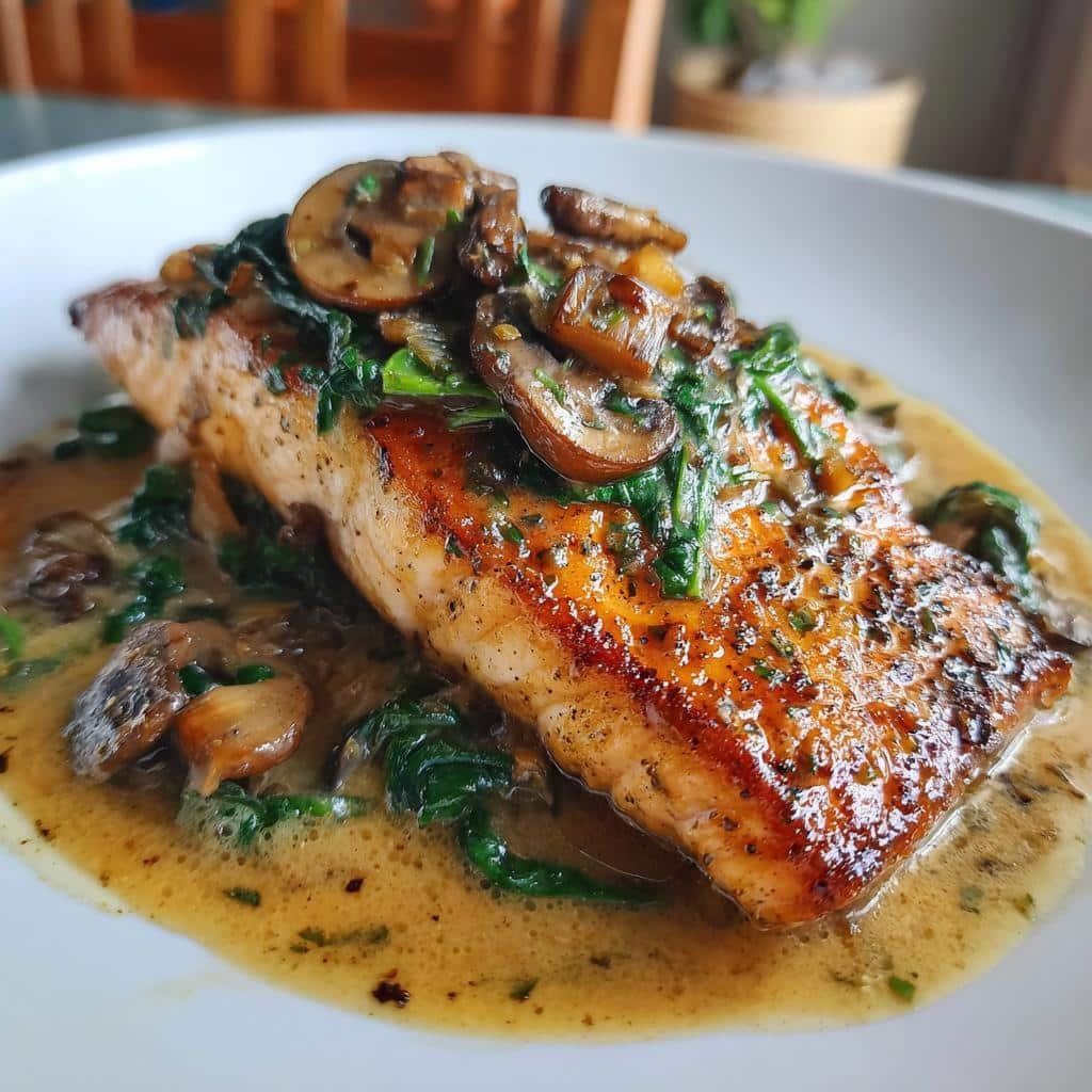 Air fryer Garlic Butter Salmon with Spinach & Mushrooms in Creamy Sauce