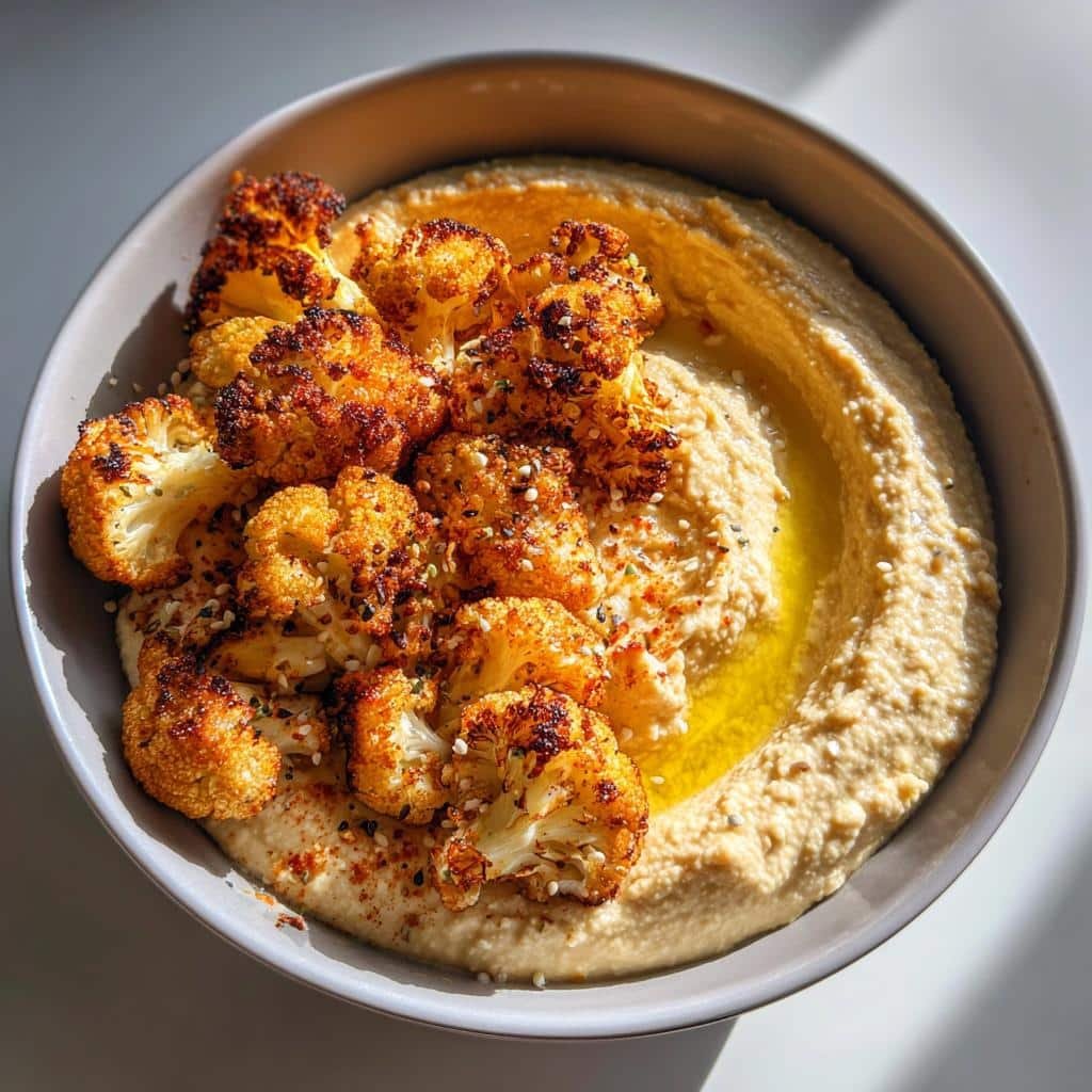 Air fryer Hummus Bowl with Crispy Air-Fried Cauliflower