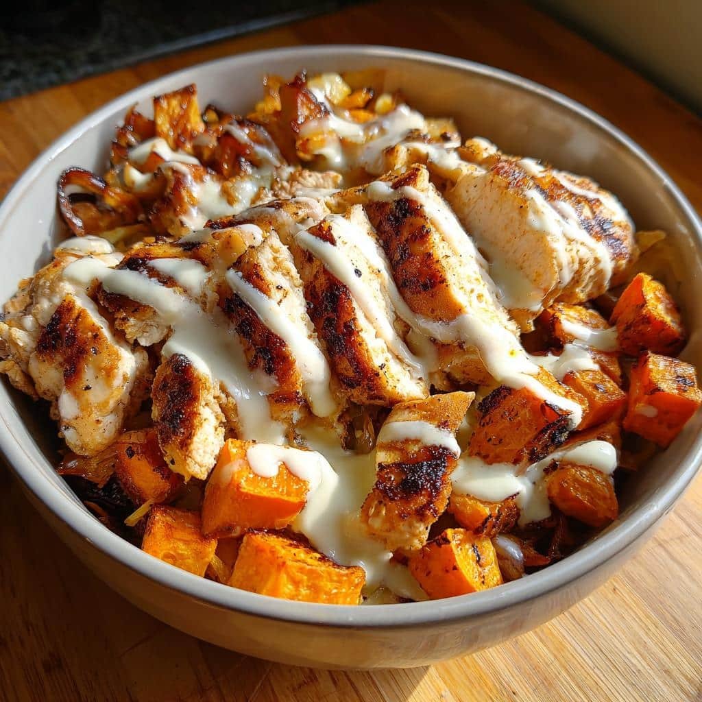 Air fryer Nourishing Chicken and Sweet Potato Power Bowl with Creamy Garlic Sauce