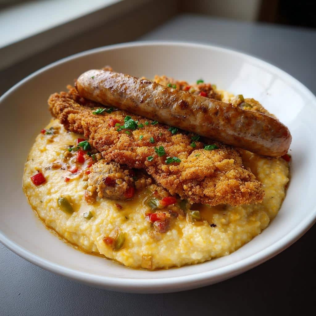 Flavorful Christmas Air Fryer Catfish & Sausage over Grits 4 Chritmas Air fryer Fried catfish and spicy sausage over cheddar jalapeno grits - detail 1