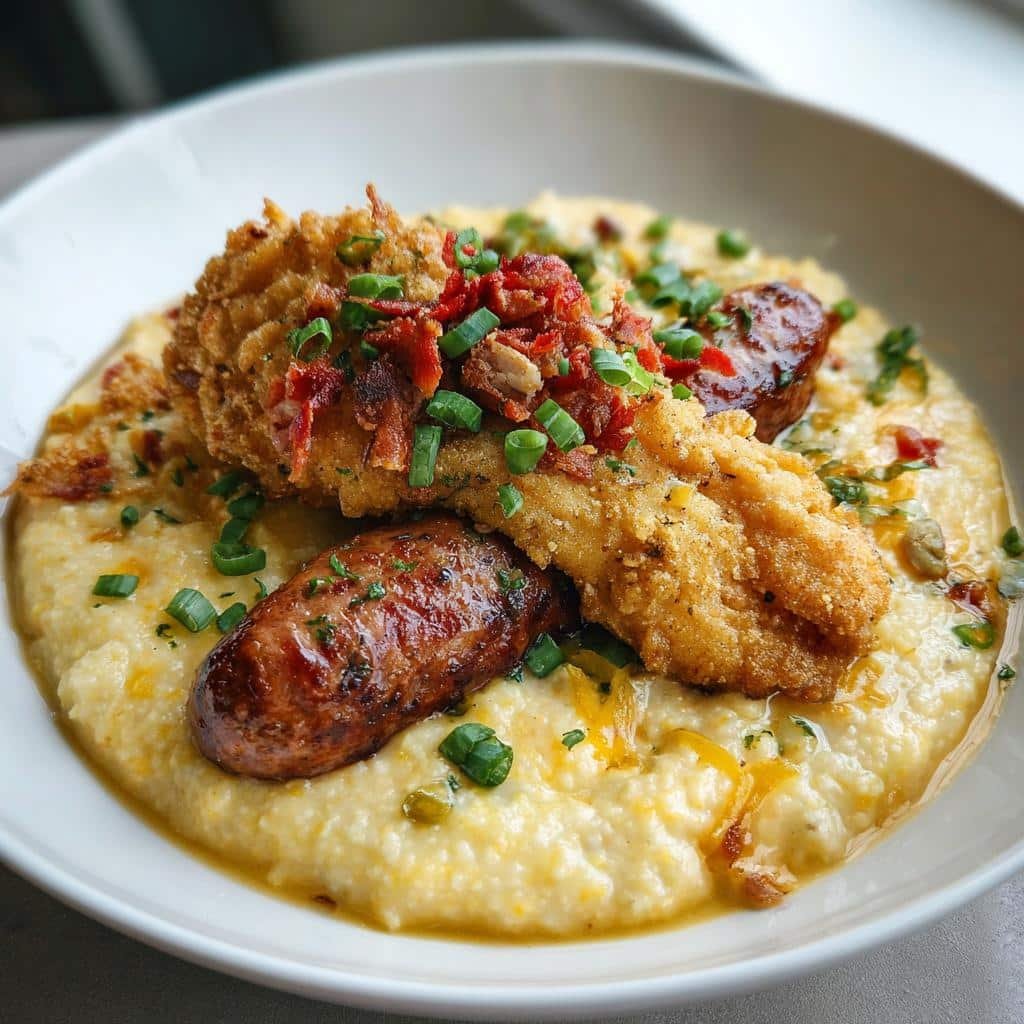 Chritmas Air fryer Fried catfish and spicy sausage over cheddar jalapeno grits
