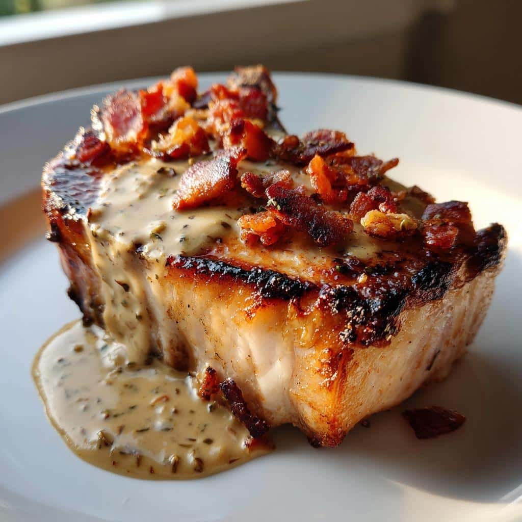 Thanksgiving Air fryer Savory Maple Bacon Pork Chops with Dijon Mustard Cream Sauce