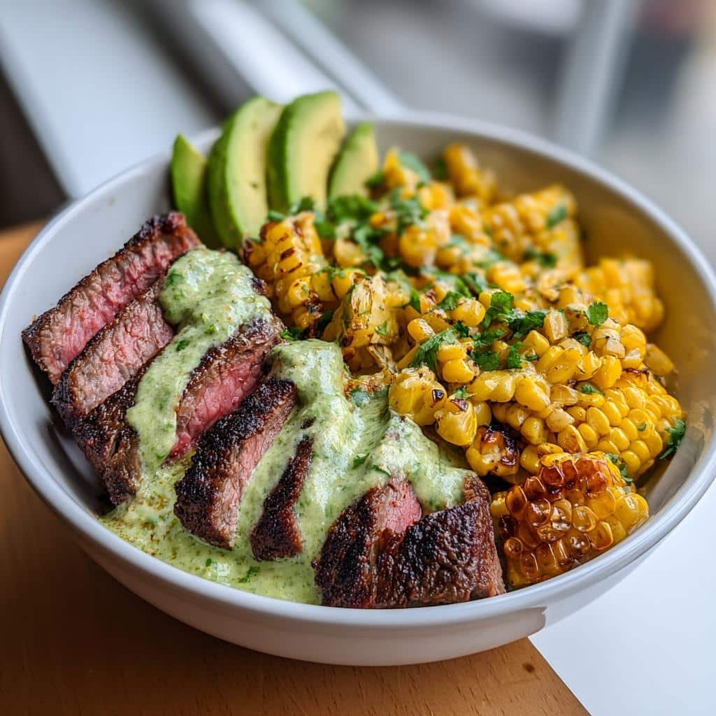 Thanksgiving Air fryer Steak, Avocado, and Roasted Corn Bowl with Cilantro Cream Sauce - detail 1
