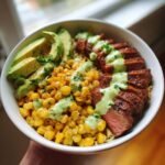 Thanksgiving Air fryer Steak Avocado and Roasted Corn Bowl with Cilantro Cream Sauce