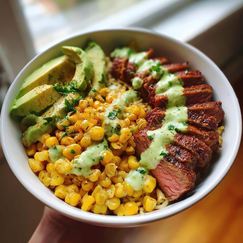Thanksgiving Air fryer Steak Avocado and Roasted Corn Bowl with Cilantro Cream Sauce