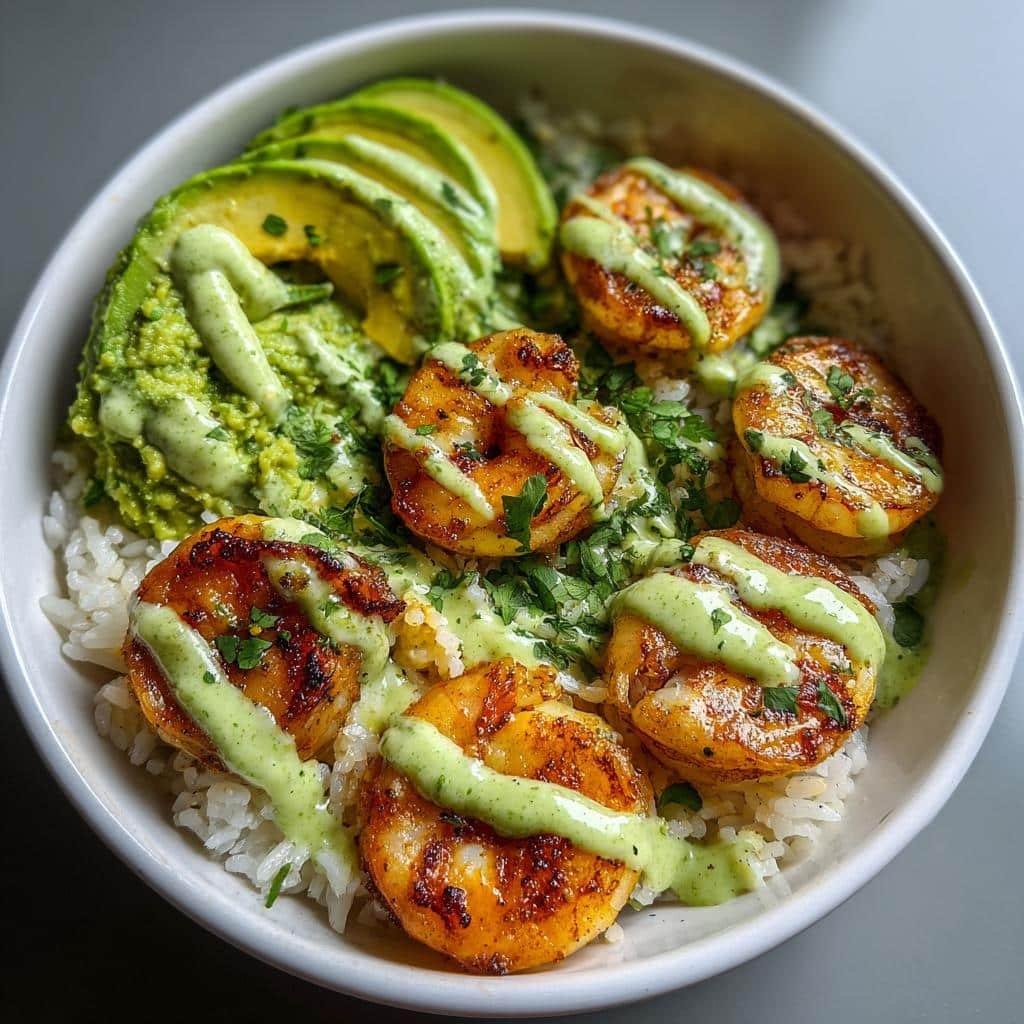 Thanksgiving Air fryer Zesty Shrimp Avocado Rice Bowls with Cilantro Lime Sauce