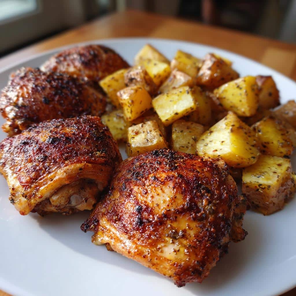 Air Fryer Crispy Chicken Thighs with Potatoes