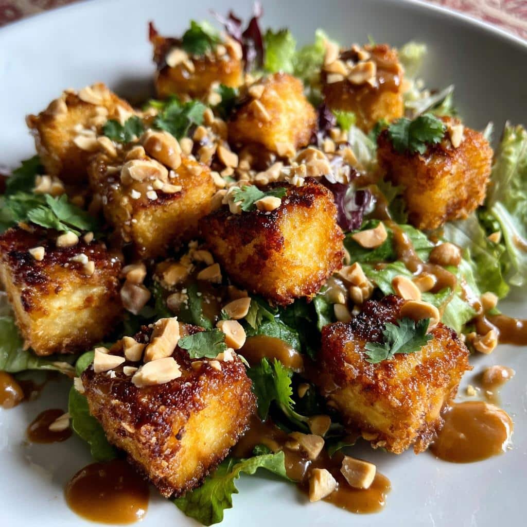 Air Fryer Crispy Tofu with Peanut Sauce Salad