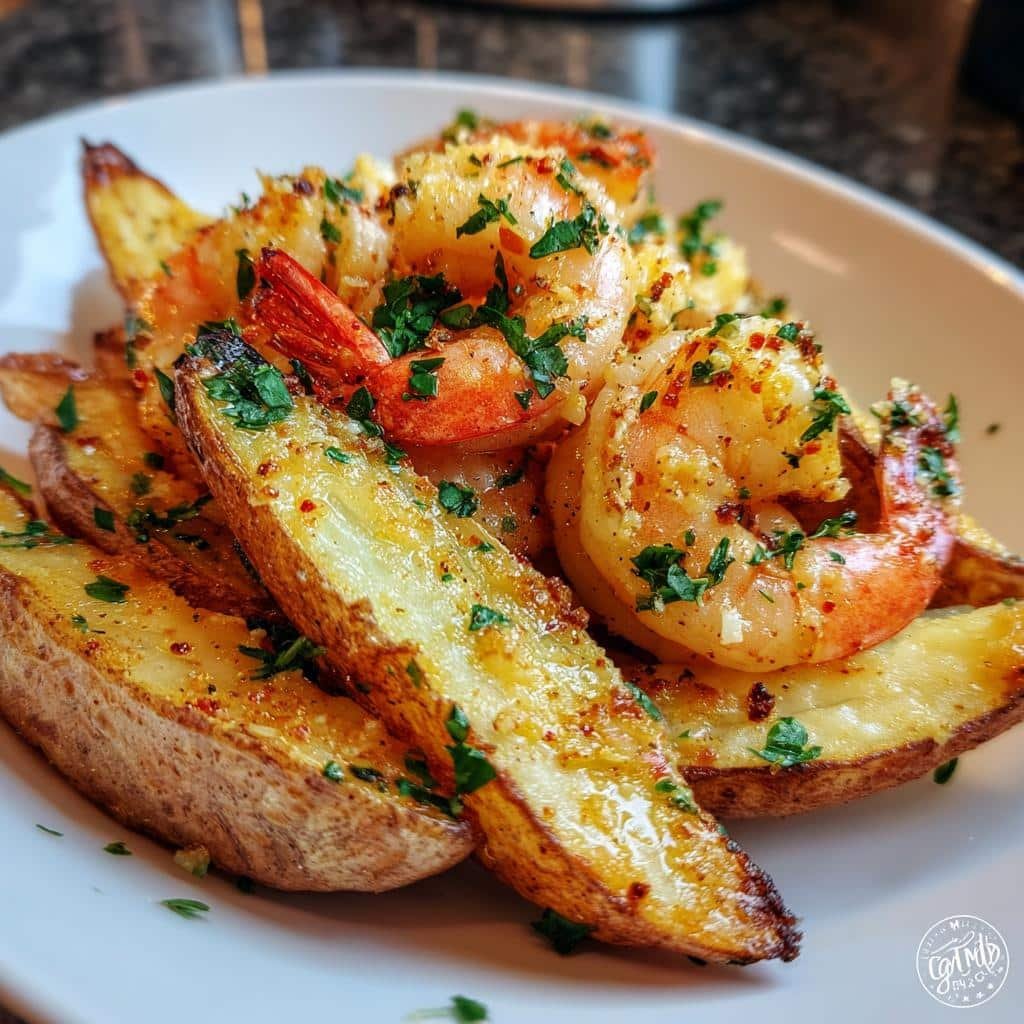 Air Fryer Loaded Wedges with Shrimp Scampi Topping