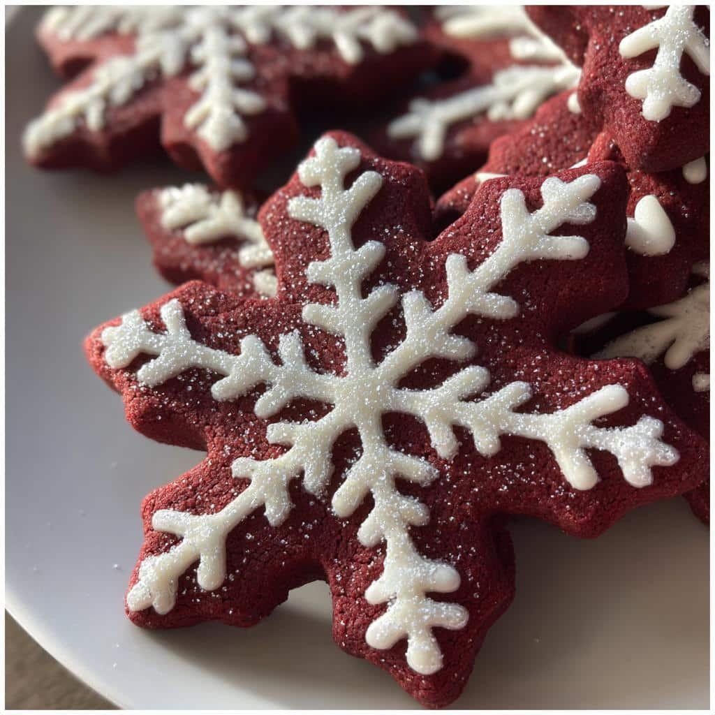 Air Fryer Red Velvet Snowflake Cookies (Decorated)