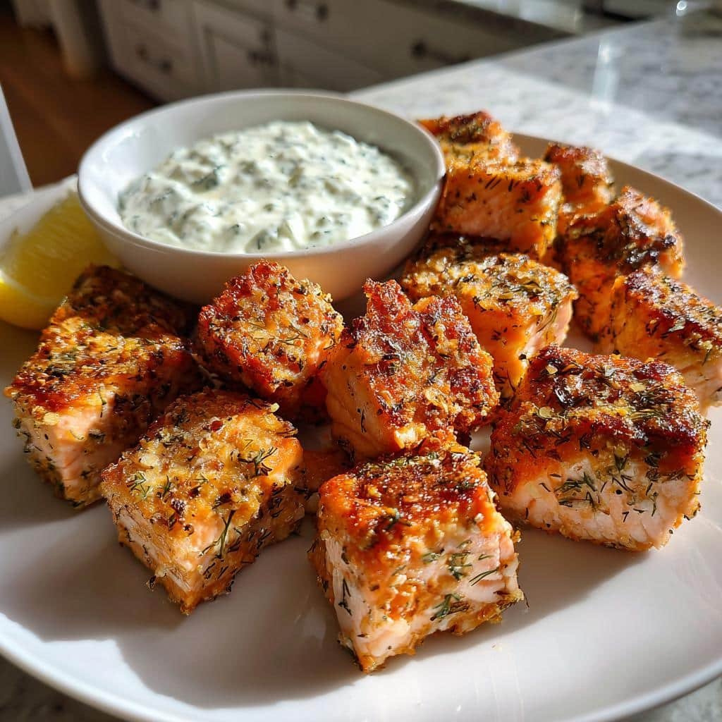 air fryer Greek Salmon Bites with Tzatziki