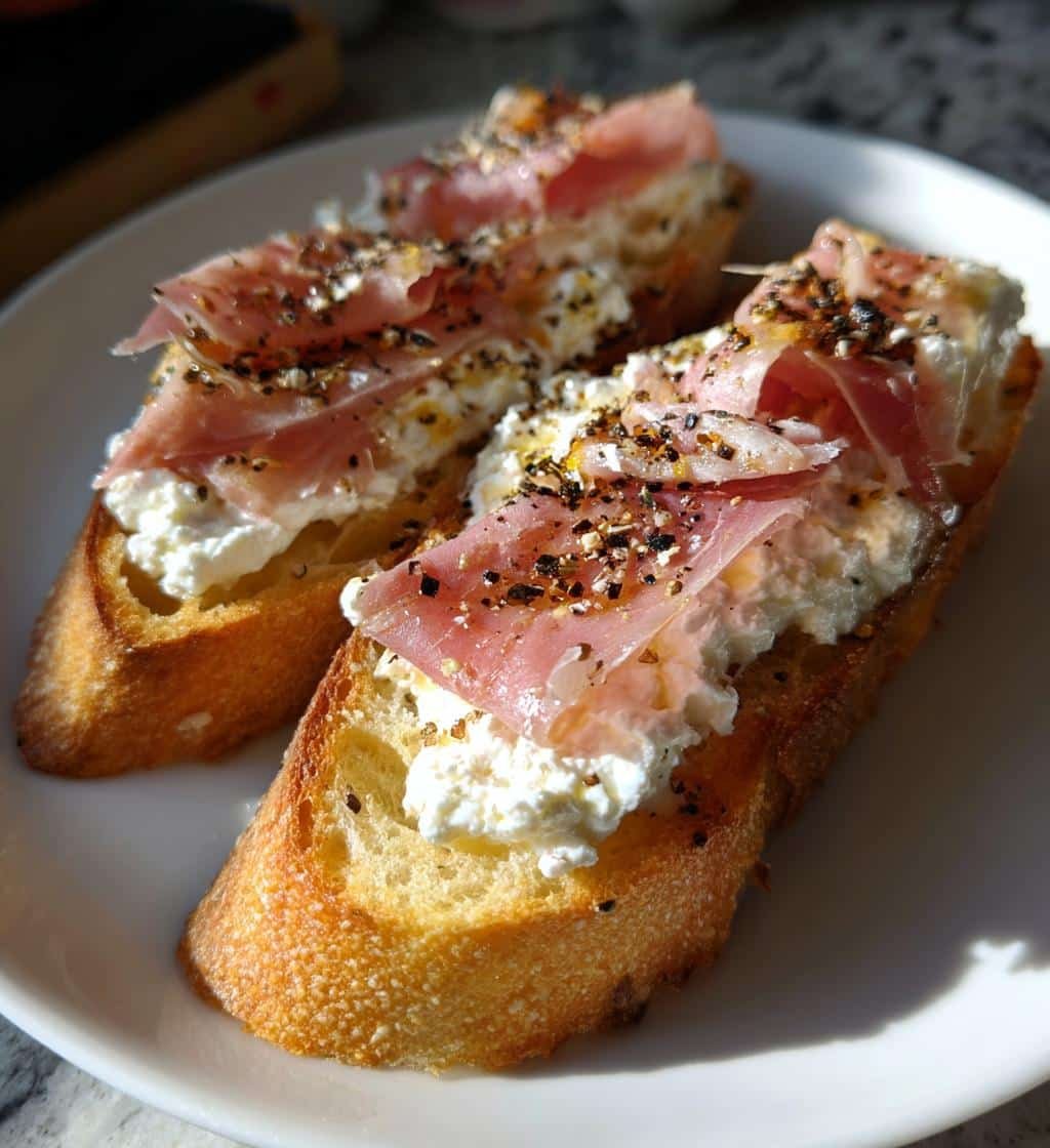 Air Fryer Ricotta Prosciutto Crostini Toast